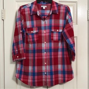 Croft & Barrow Red and Blue Plaid Blouse Size Large Three Quarter Sleeve